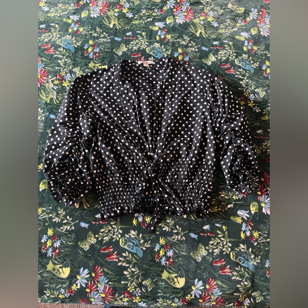 Vintage Miss Bison Black Polka Dot Tie-Front Blouse with Smocked Waist
